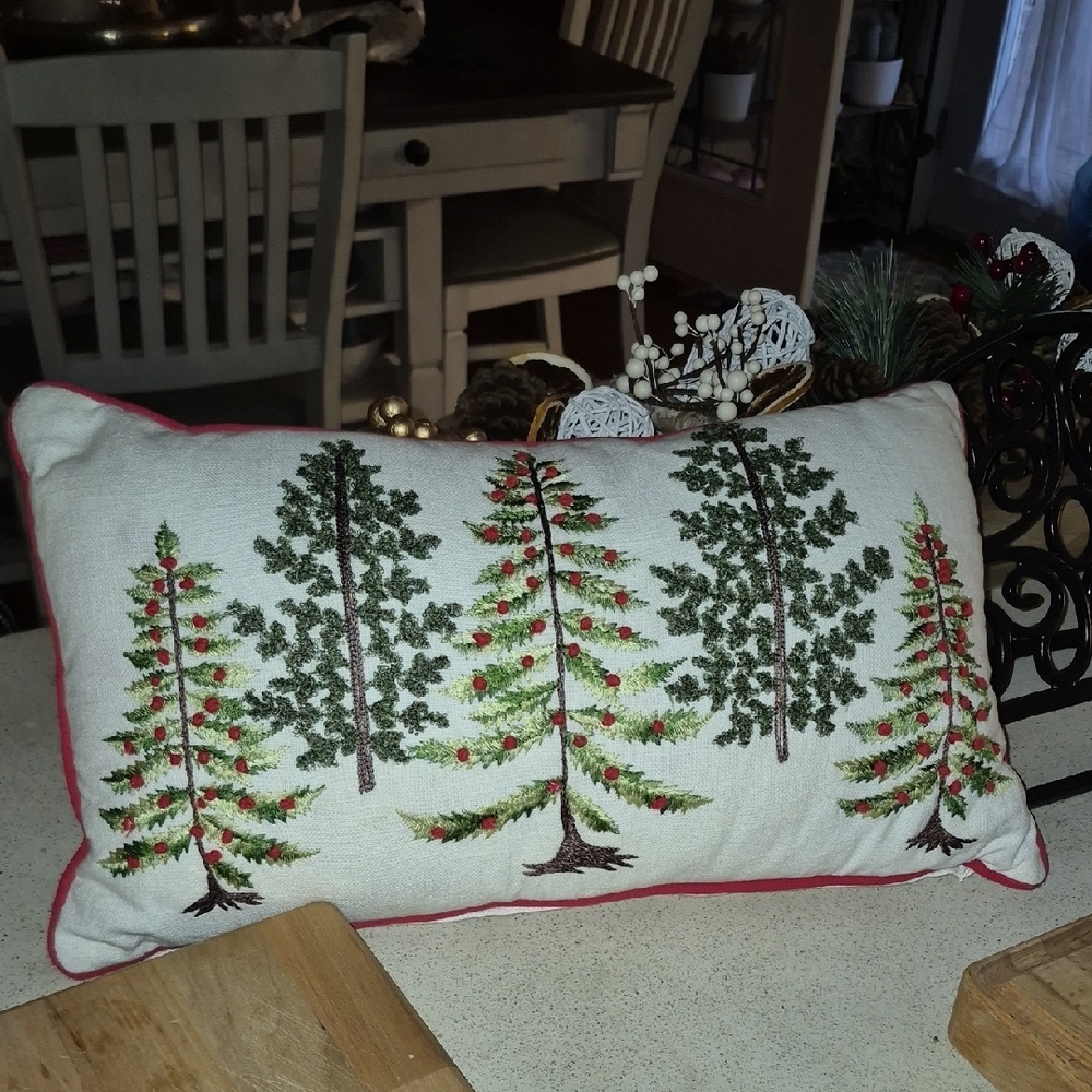 Festive Holiday Pillow with Embroidered Trees
